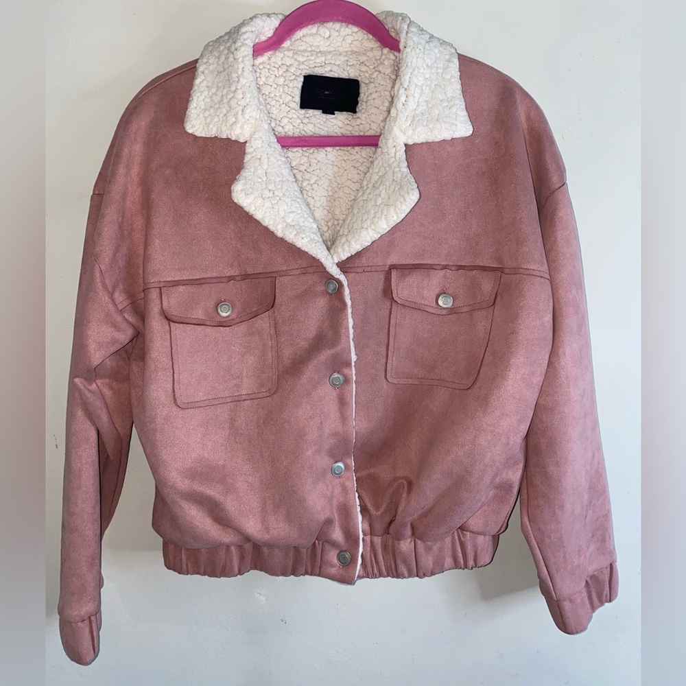 Sweet Rain Jacket Women Pink Faux Suede Sherpa Trim Elastic Cuff Size Large